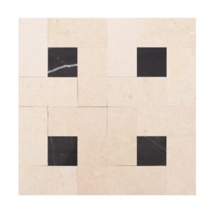Full view of beige with black polished marble square mosaic tiles.