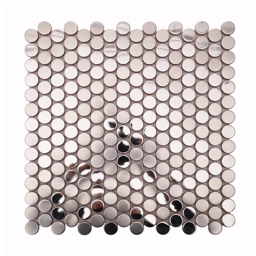 Mosaikfliesen aus Edelstahl – Silberfarben, kleine Rundformen, Rundformen, gebürstet, Spiegeloptik