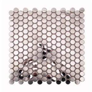 Full sheet of brushed and mirror silver penny round stainless steel mosaic tiles.