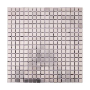 Full sheet view of brushed silver square stainless steel mosaic wall tile.