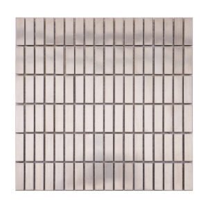Full sheet view of silver brushed stainless steel rectangle mosaic tiles