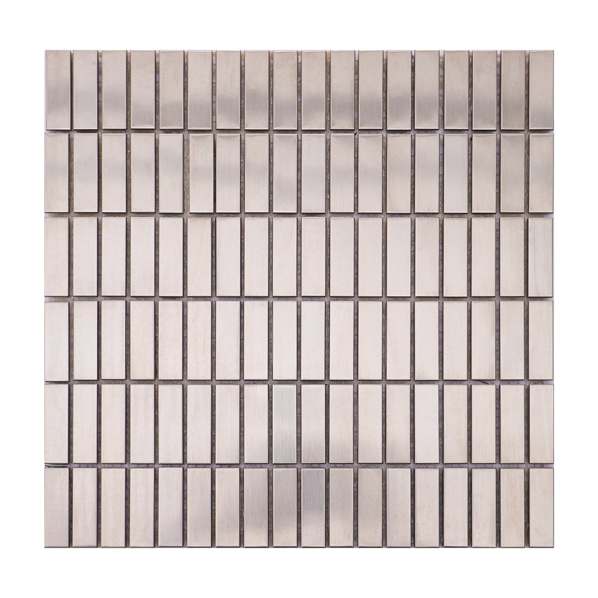 Full sheet view of silver brushed stainless steel rectangle mosaic tiles