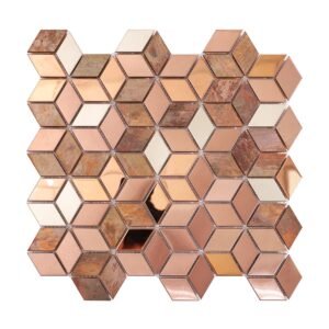 Full sheet of diamond-shaped stainless steel and copper cube mosaic tiles