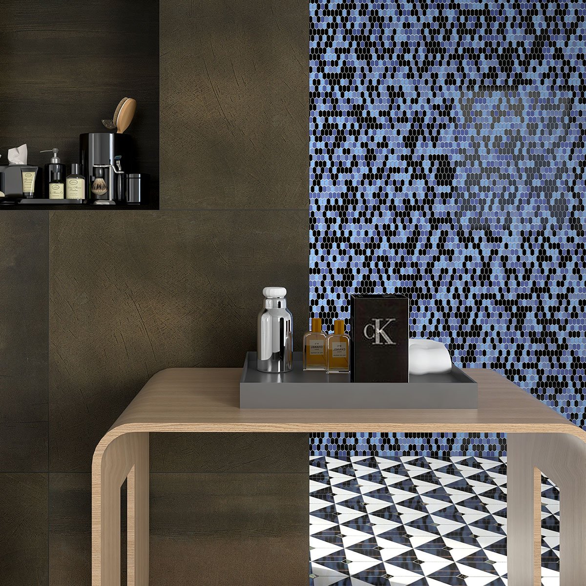 Navy Blue Mixed Glass Mosaic Picket Tiles With Bathroom Wall