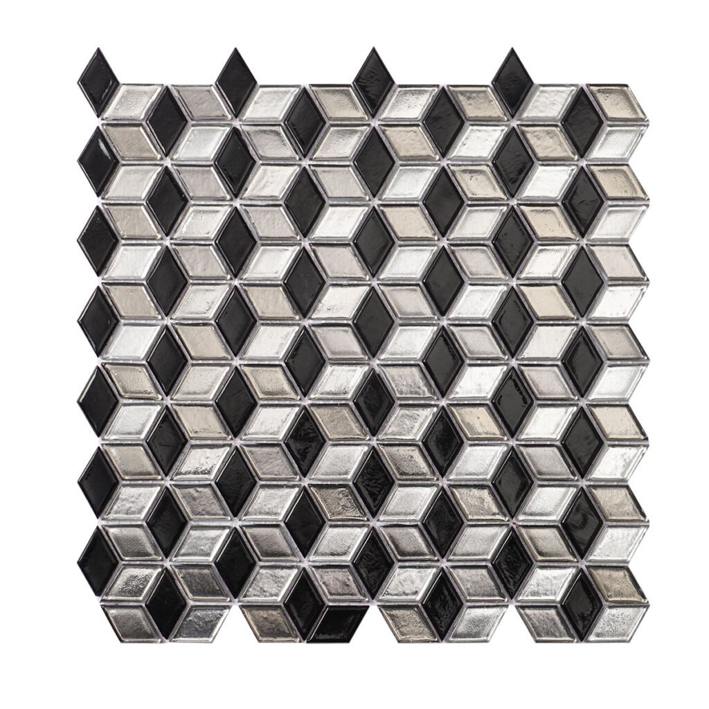 Mosaïque en verre – noir / argenté, hexagonal, en losange
