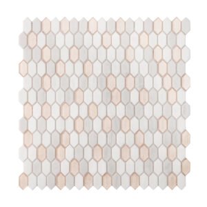 Obverse side of beige mixed fired earth glass mosaic picket tiles.