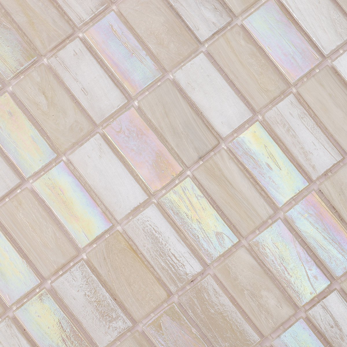 Close-up of rectangle beige multicolor iridescent glass mosaic tiles.
