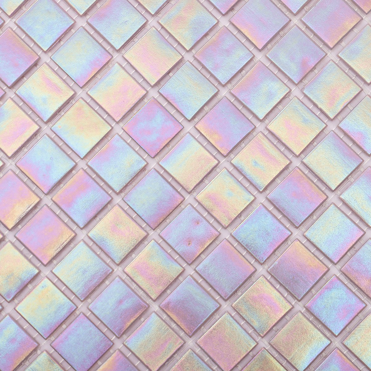 Close-up of purple iridescent square glass mosaic tiles