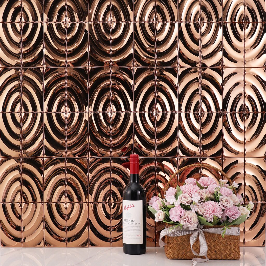 Mosaicos 3D de aço inoxidável ouro rosa com padrão ondulado