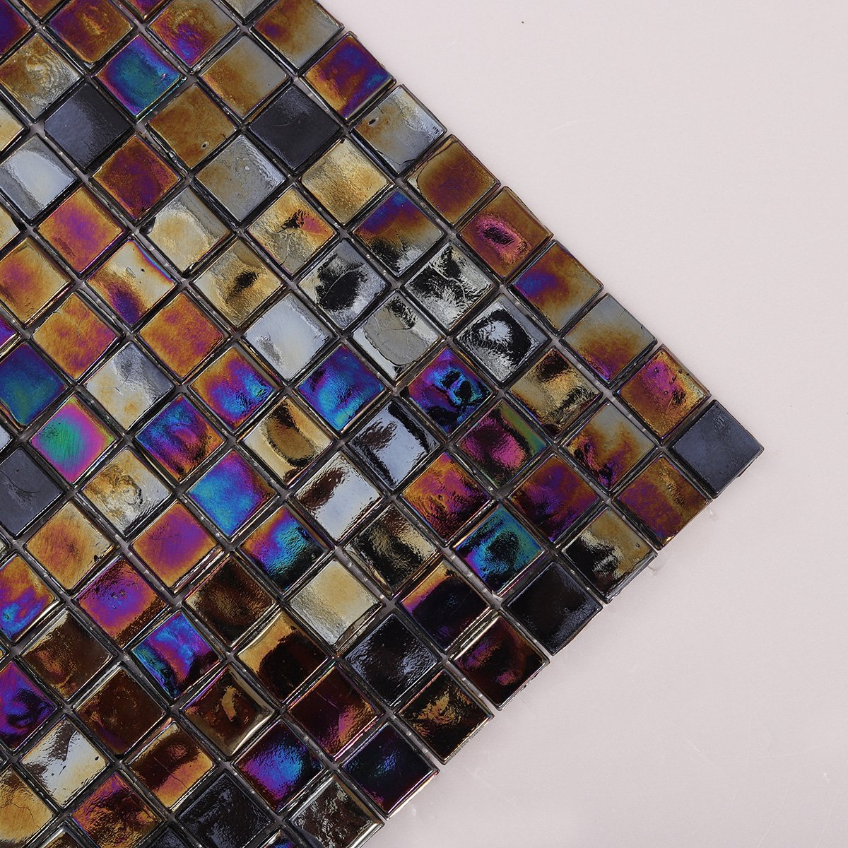 Detailed view of Black Iridescent Square Mosaic Tile, showing iridescent effect