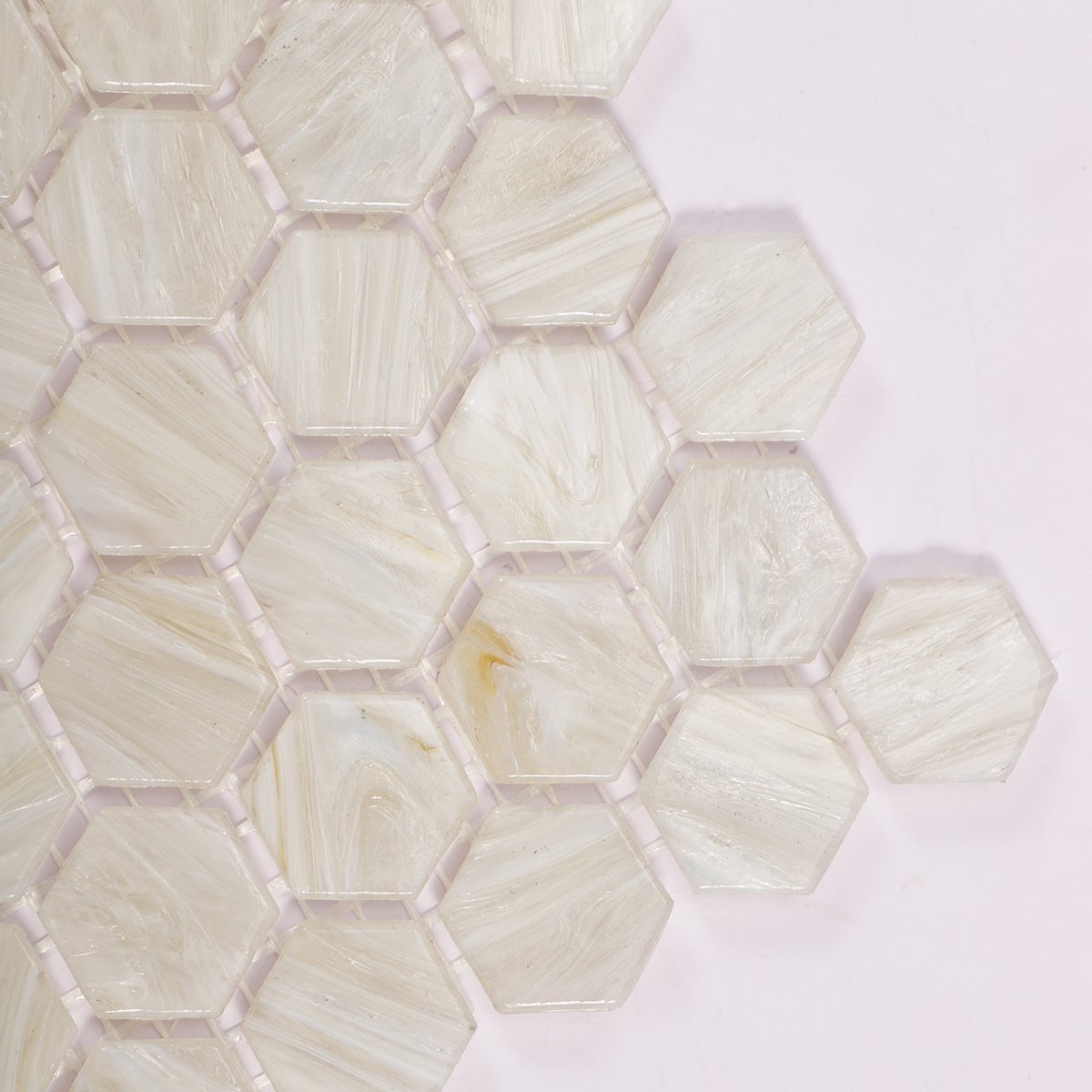 Close-up of Hexagon Beige Glass Mosaic Wall Tile