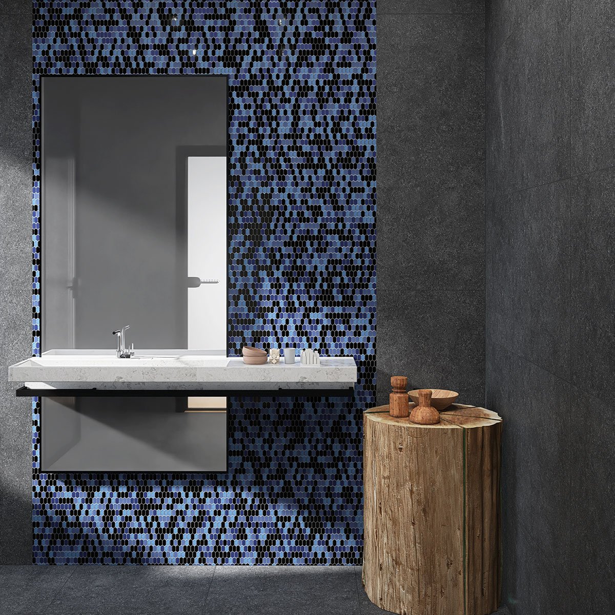 Navy Blue Mixed Glass Mosaic Picket Tiles With Bathroom Wall