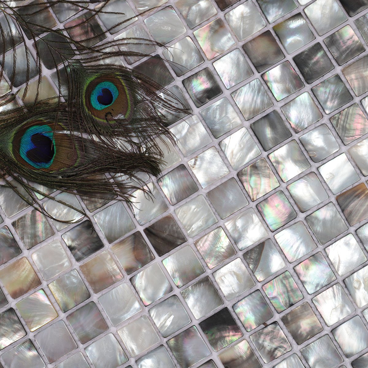 Close-up of deep sea black seashell square pattern mosaic tiles.