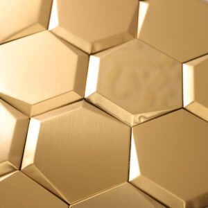 Mosaikfliesen aus Edelstahl – Goldfarben, Sechsecke, Spiegeloptik, für Fliesenspiegel