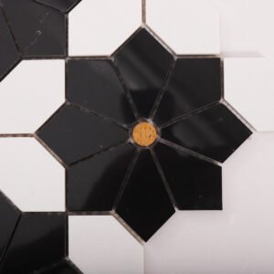 Marmormosaikfliesen – Weiß / Schwarz, Blumenmuster – BJ-DE64666D93D4