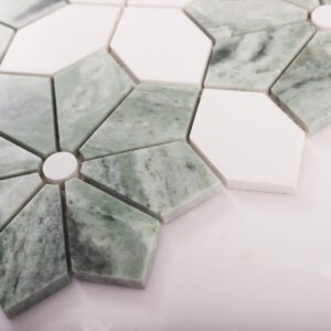 Zielono-białe kwiatowe płytki mozaikowe z marmuru Ming Green