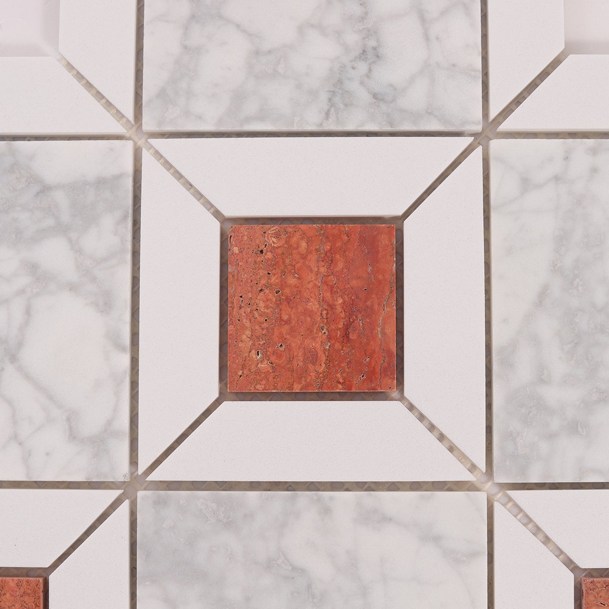 Detailed close-up of White and Red Polished Marble Mosaic Tiles