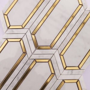 Mosaïque en marbre – Carrara, blanc / doré, format oblong
