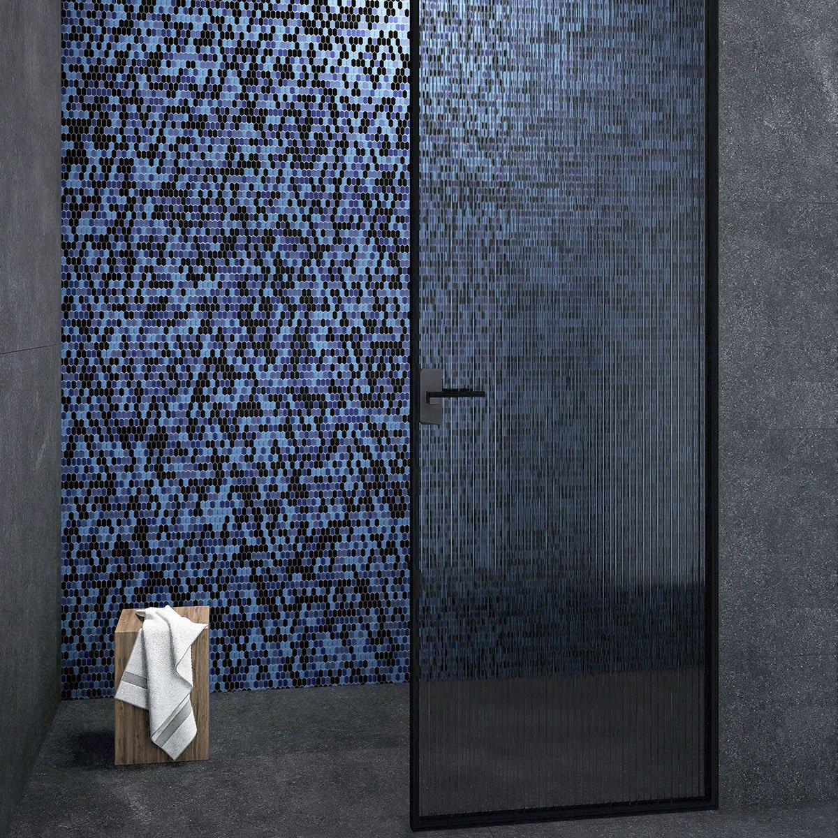 Navy Blue Mixed Glass Mosaic Picket Tiles With Bathroom Wall
