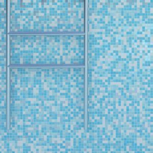 Scene with glossy aqua blue glass mosaic wall tiles in swimming pool