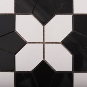 Marmormosaikfliesen – Weiß / Schwarz, Blumenmuster – BJ-DE64666D93D4