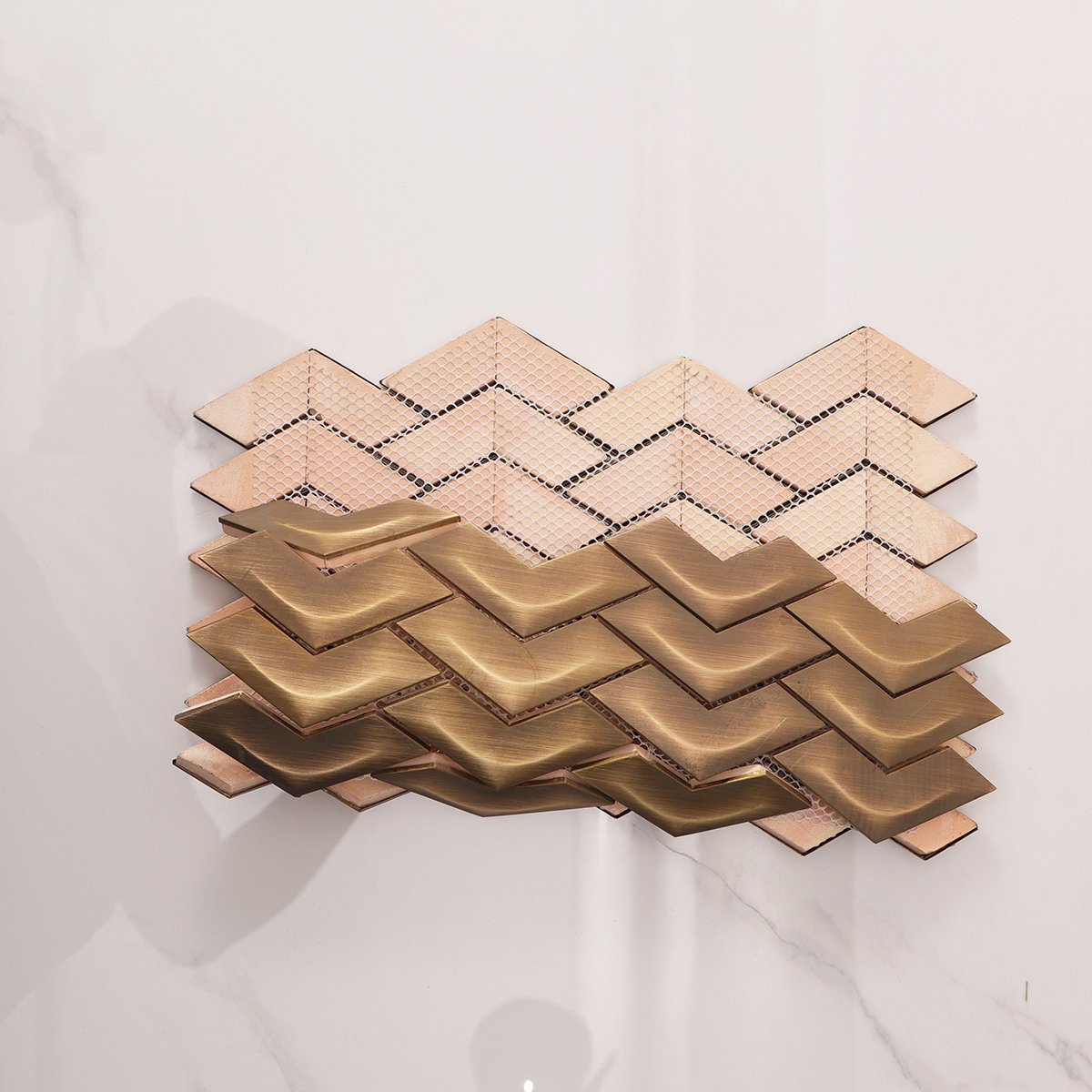 Chevron Brass Metal Mosaic Wall Tile, back side with fold visible, sturdy construction