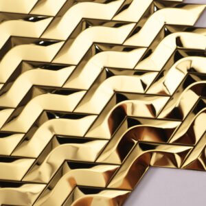 Mosaïque en acier inoxydable – doré, motif chevrons, 3D, effet miroir