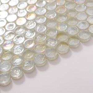 Piastrelle a mosaico in vetro – bianco, tondo piccolo, rotondo, iridescente