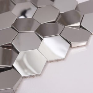 Silverfärgad sexkantig 3D-mosaikplatta i rostfritt stål med spegelfinish för vägg
