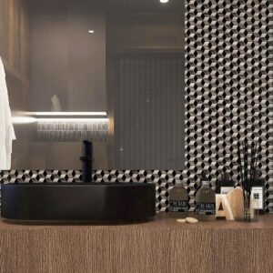 Mosaïque en verre – noir / argenté, hexagonal, en losange