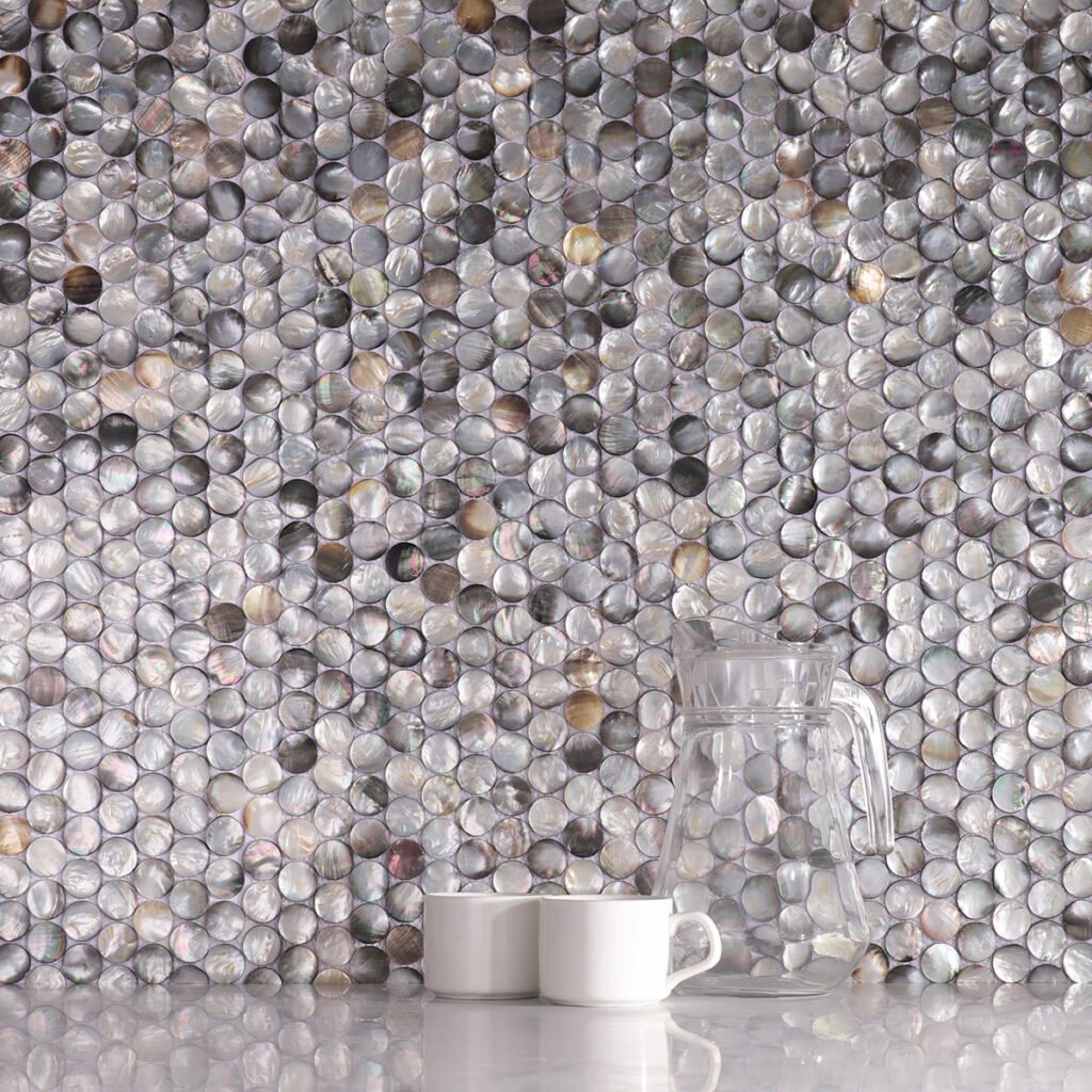 Mosaico de nácar – negro, círculos pequeños, redondo, para ducha