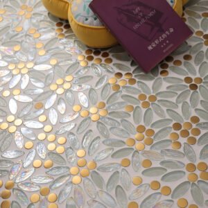White and Gold Oval Glass Mosaic Polished Pixel Tiles