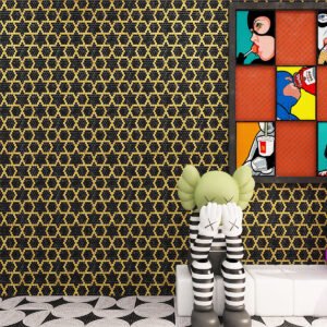 Wall with green marble and metal pixel art mosaic, art paintings, and black and white mosaic floor