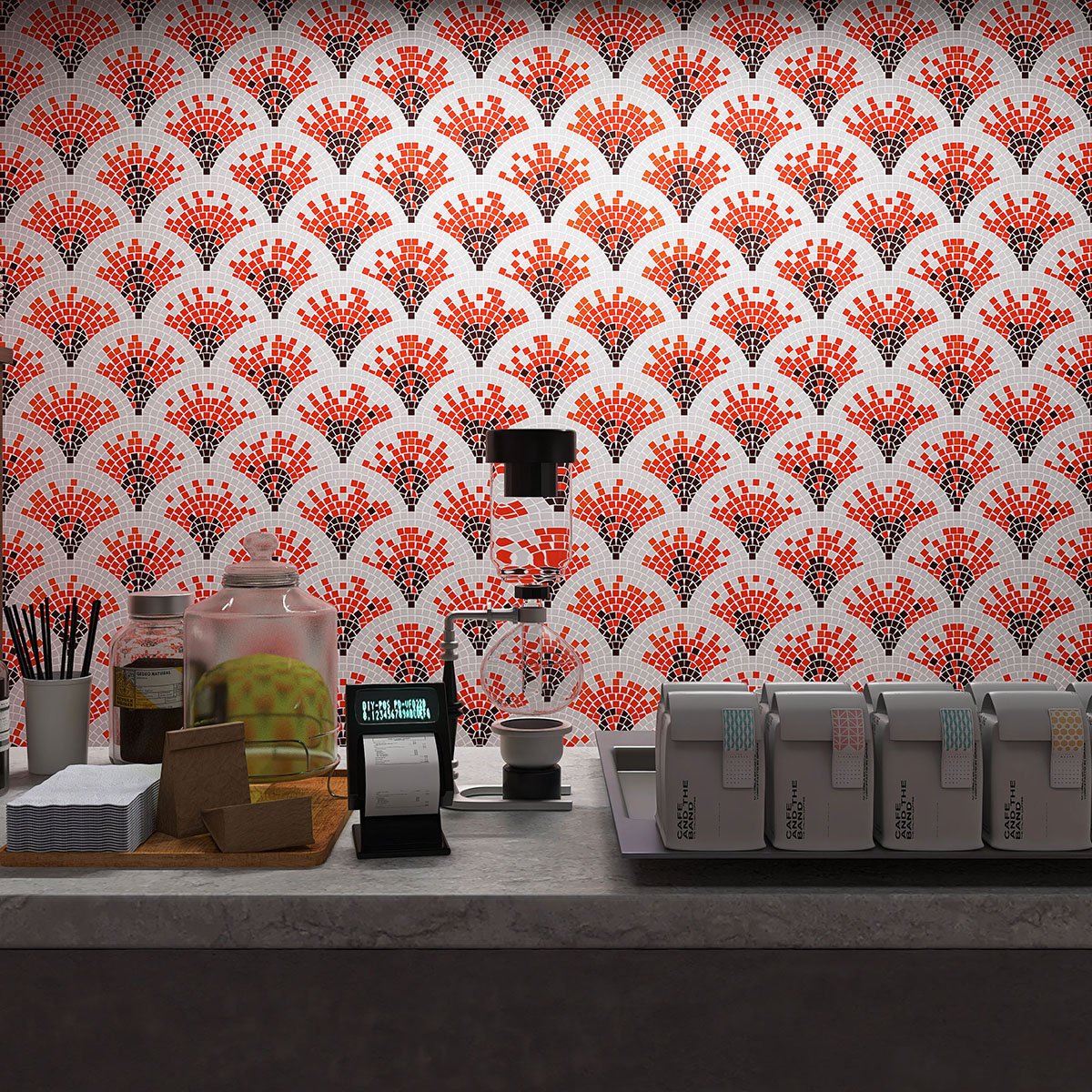 Bar scene with fish scale glass mosaic design on the wall