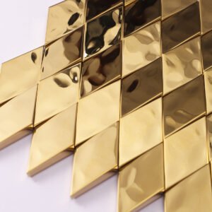 Gullfarget metallmosaikk i rustfritt stål med 3D-diamantmønster til vegg