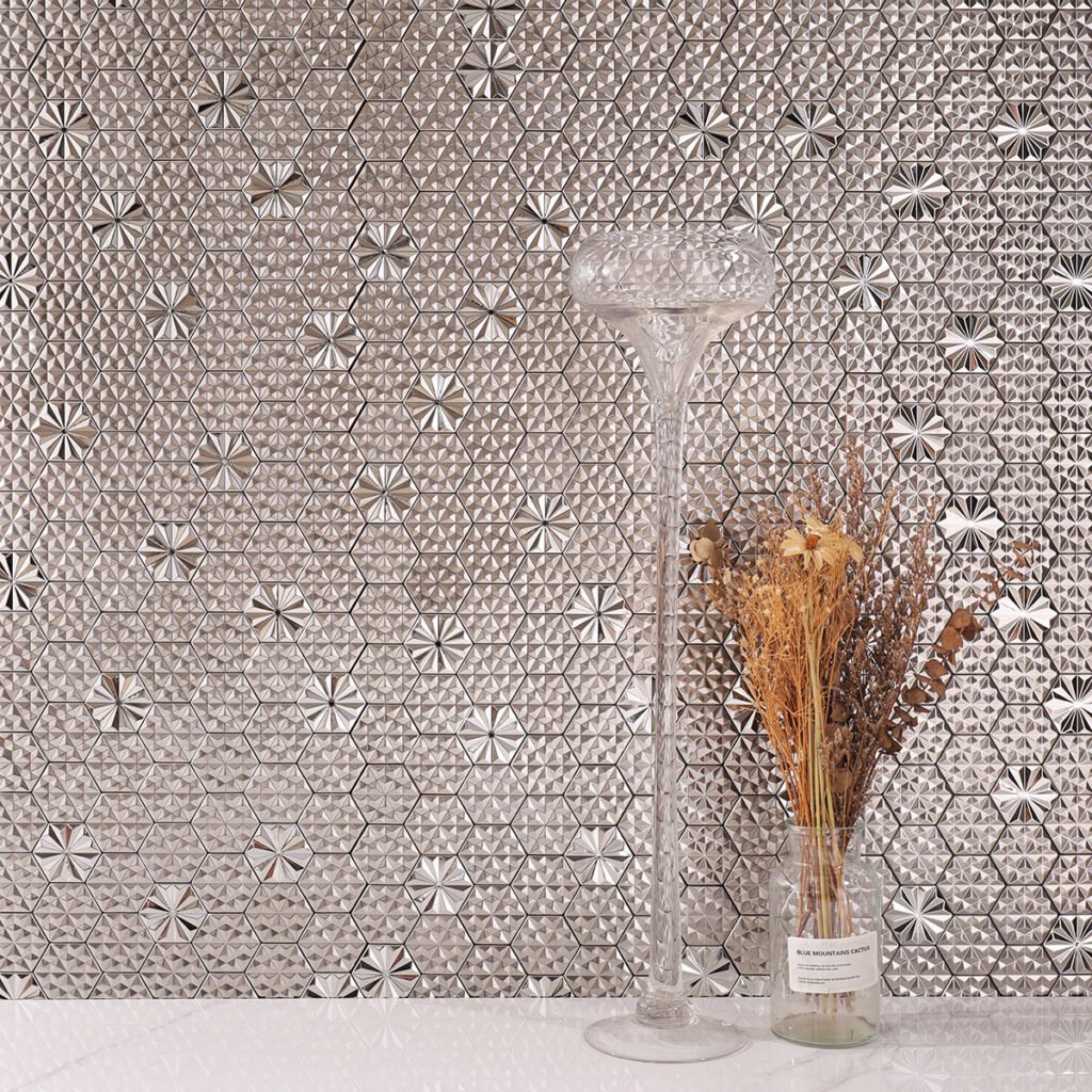 Metallmosaikfliesen – Silberfarben, Sechsecke, 3D-Struktur