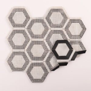 Marmormosaikfliesen – Carrara, Weiß / Schwarz, Sechsecke, geometrisches Muster