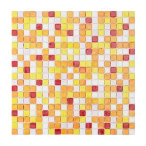 Sheet of multicolor square glass mosaic tiles with vibrant hues.