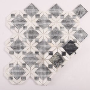 Marmormosaikfliesen – Weiß / Grau, Blumenmuster – BJ-151D3CF61D7B