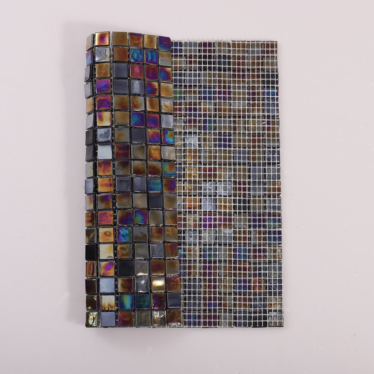 Black Iridescent Square Mosaic Tile, back side with fold visible