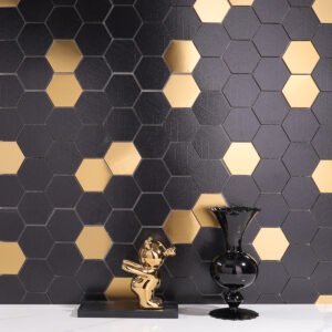 Black and Gold Hexagon Mosaic Tiles on the wall, white floor tiles, complemented by a black vase