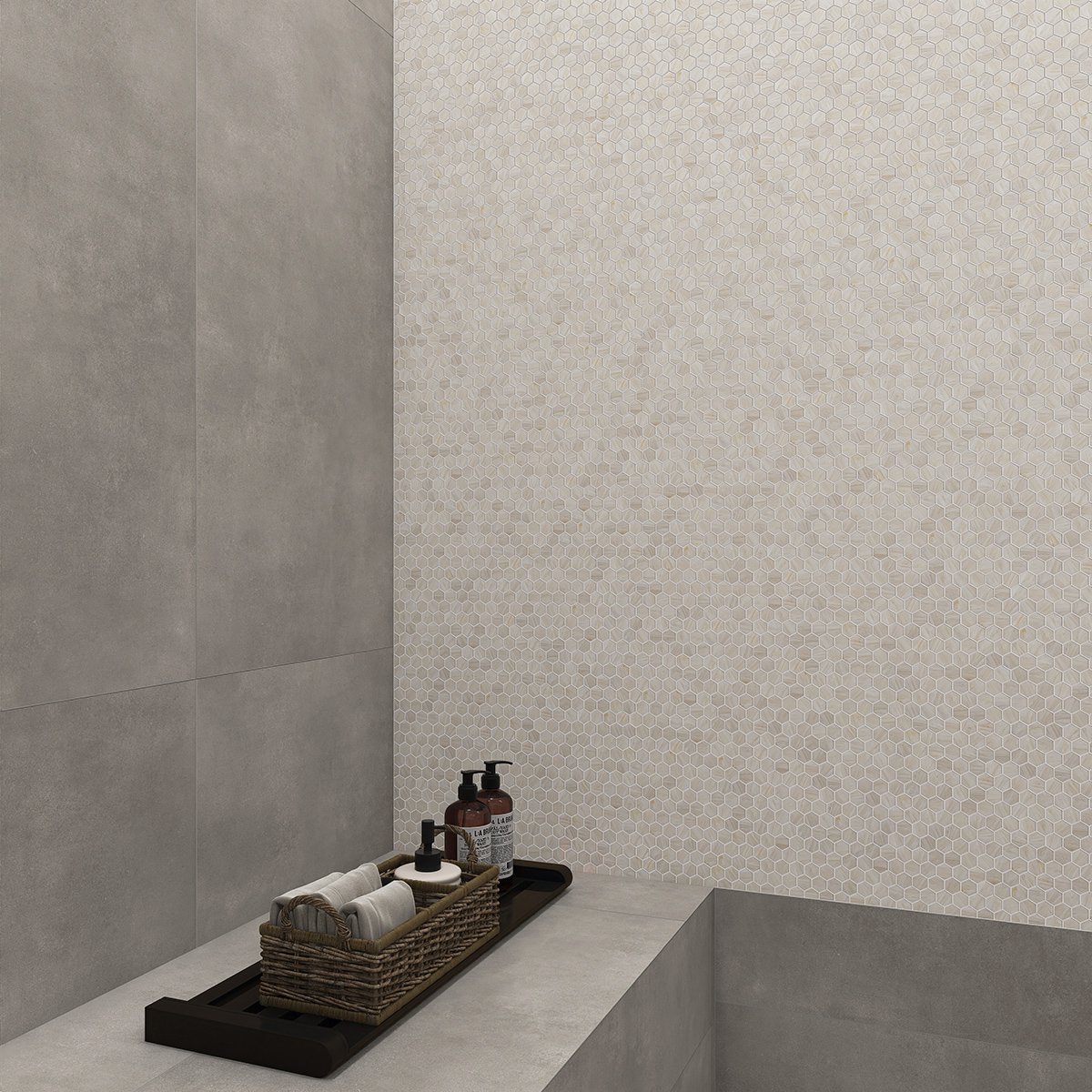 Hexagon Beige Glass Mosaic Wall Tile in the bathroom, sleek and elegant
