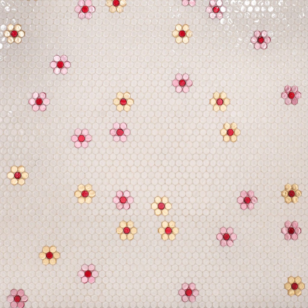 Mosaïque en verre – doré / rose, petits ronds, motif floral