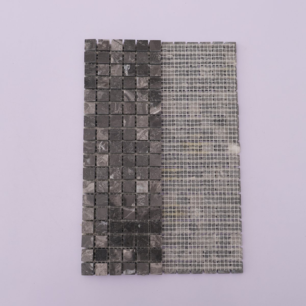 Back view with mesh backing of dark gray slate mosaic floor tiles