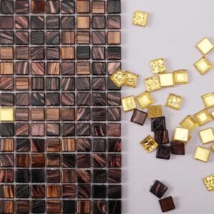 Piastrelle a mosaico in vetro – dorato / marrone, quadrato, formato mini