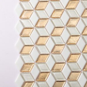Mosaïque en verre – blanc / doré, en losange