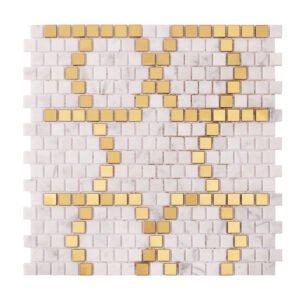 Front side of metal and white marble pixel art mosaic tiles