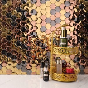 3D Mirror Black and Gold Hexagon Stainless Steel Mosaic Tiles-BJTiles
