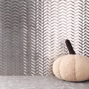 3D Silver Stainless Steel Herringbone Mosaic Tiles on a wall, gray flooring