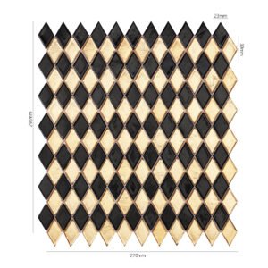 Mosaïque en verre – noir / doré, motif damier, en losange